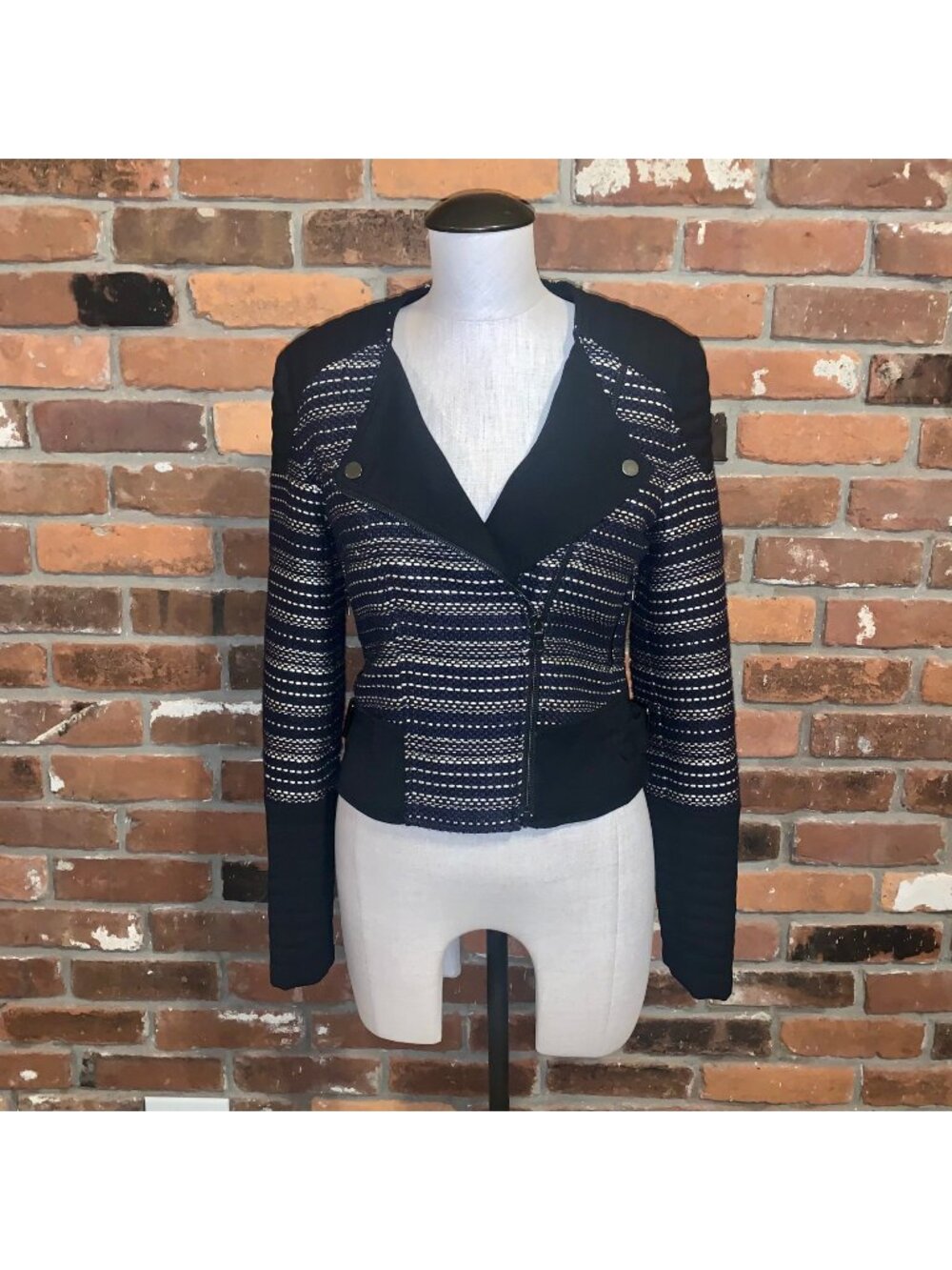 BCBGMAXAZRIA Black Silver Navy Brock Jacket Womens Size XS